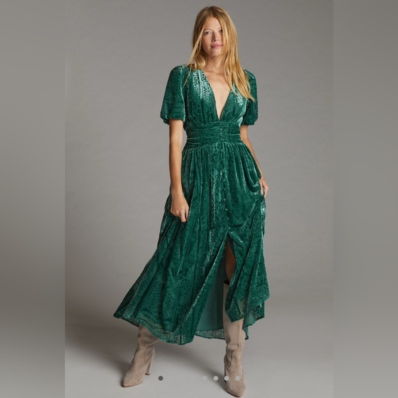 Anthropologie Dresses & Skirts - Anthropologie Katerina Puff Sleeve Burnout Velvet Maxi Dress Emerald Green 12
